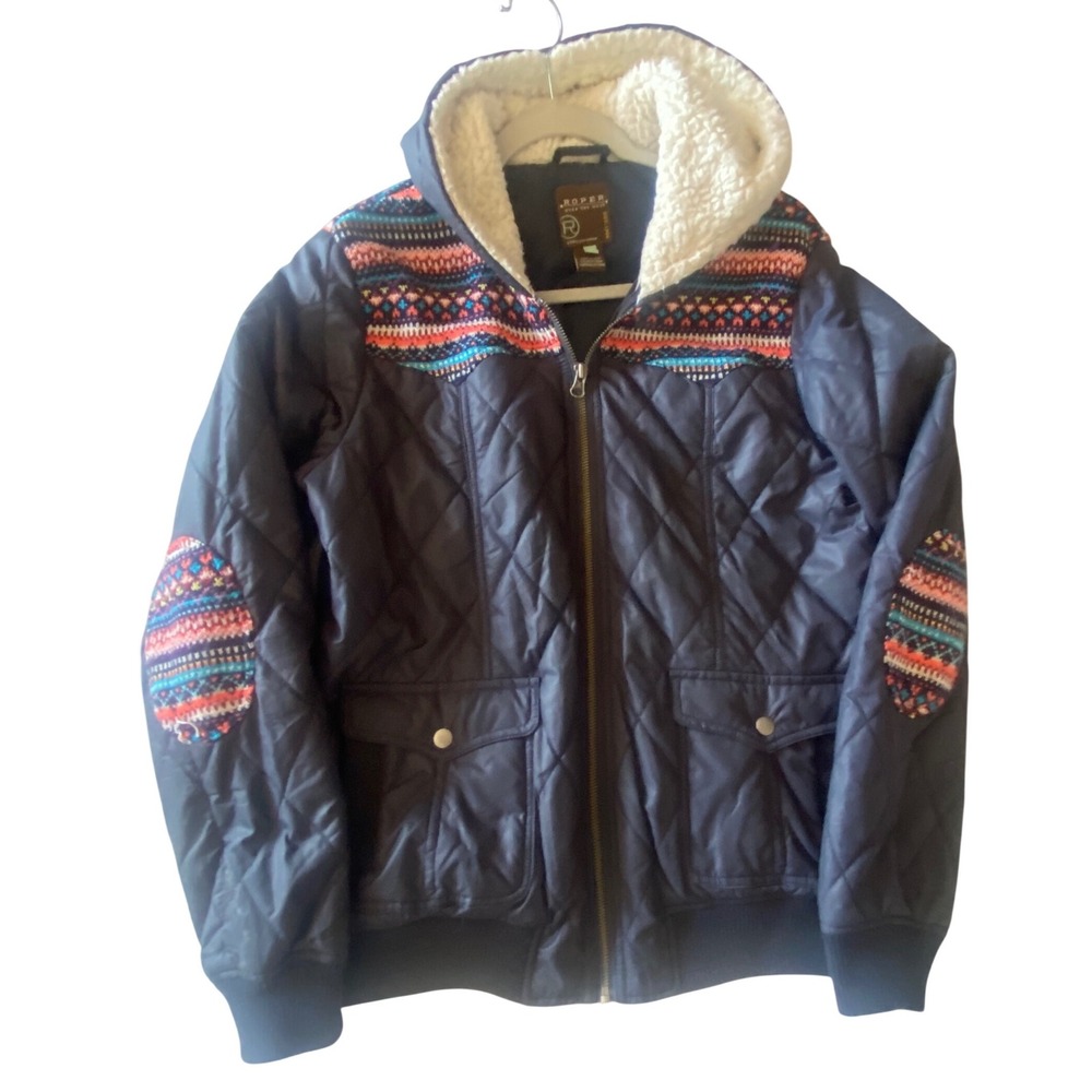Roper Quilted Jacket Women Medium Navy Blue Good Sherpa Hood Fair Isle Western